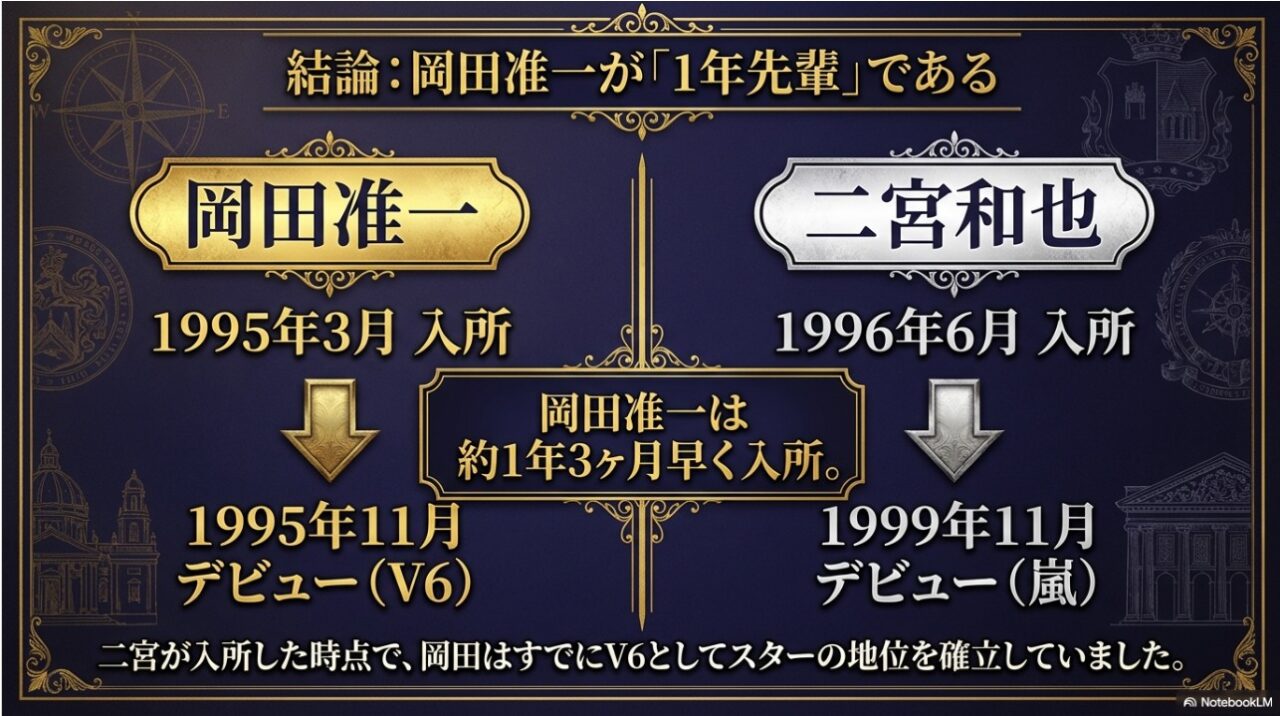岡田准一と二宮和也のジャニーズ事務所入所日とデビュー日を比較した図解チャート