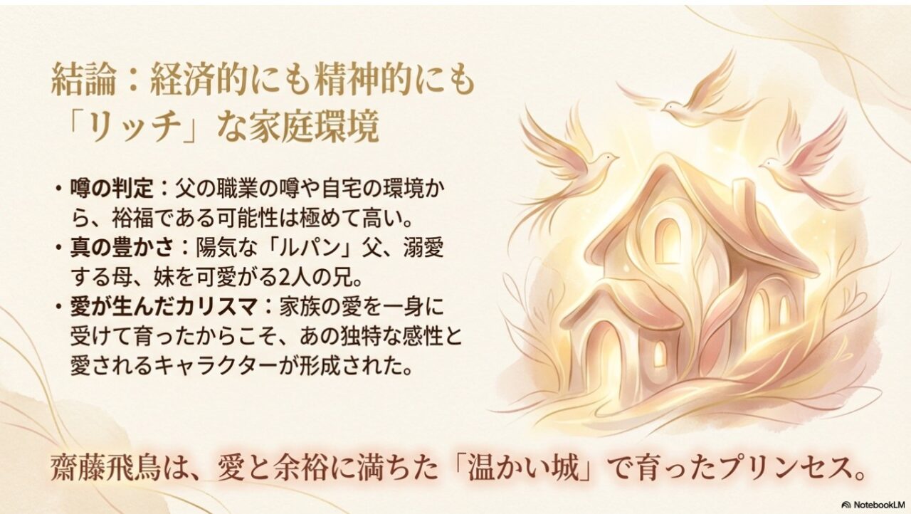 齋藤飛鳥の実家が経済的にも精神的にも豊かで温かい家庭であるという結論