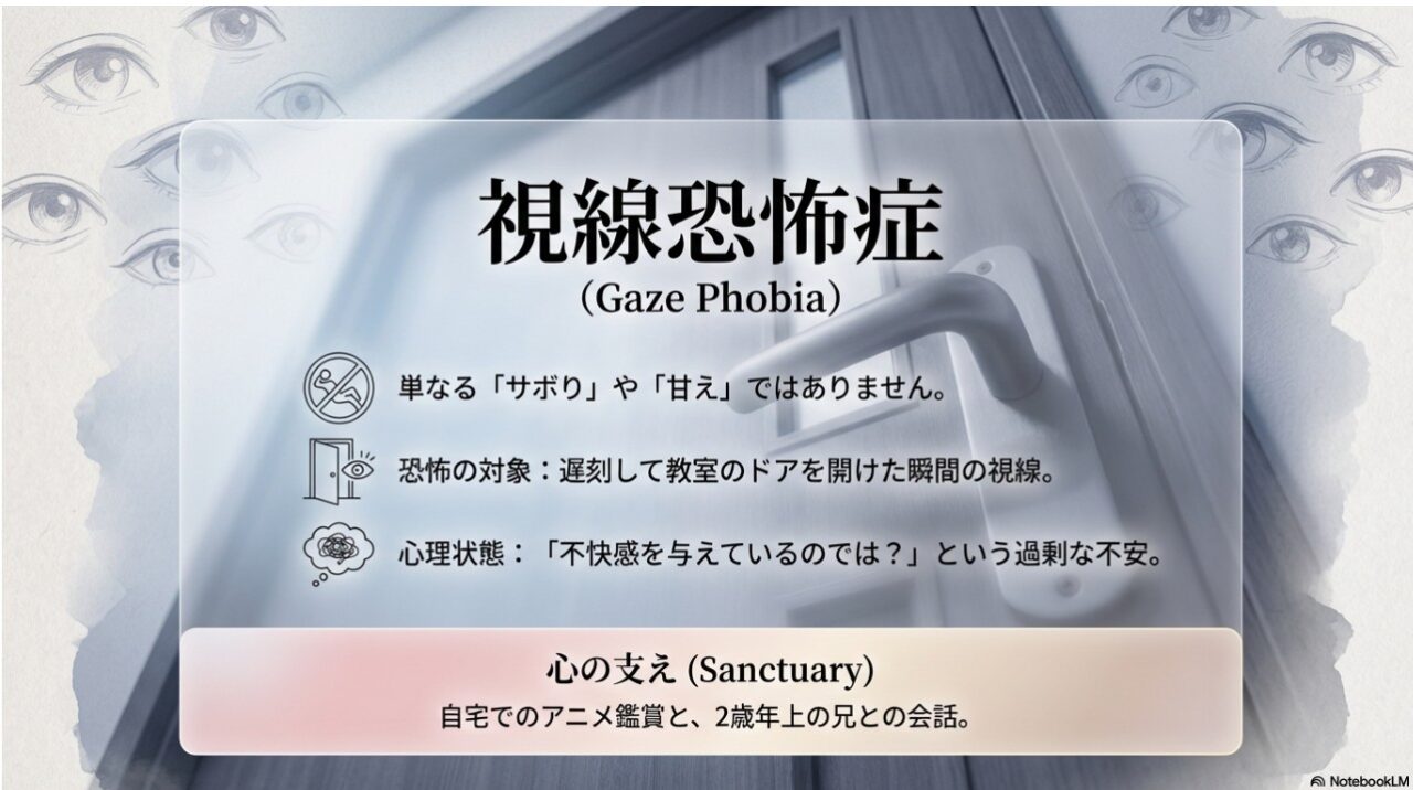 視線恐怖症（Gaze Phobia）の解説図。遅刻して教室のドアを開けた瞬間の視線への恐怖や、自宅でのアニメ鑑賞と兄との会話が心の支えだったことの説明