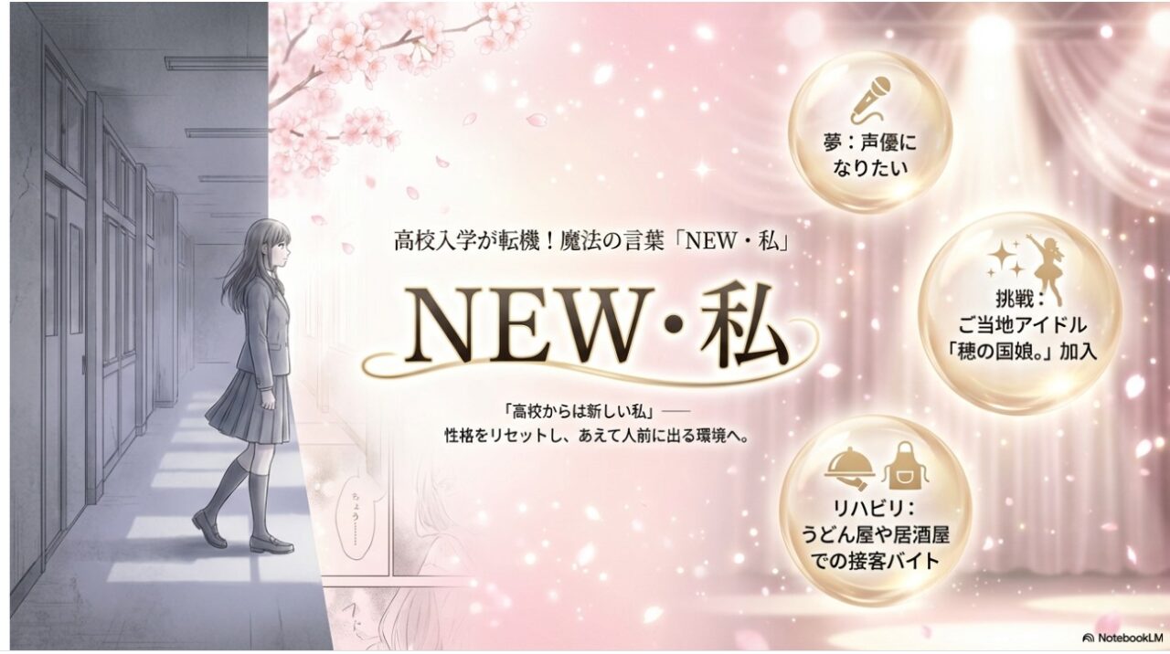 高校入学が転機となった「NEW・私」の相関図。声優への夢、ご当地アイドル「穂の国娘。」への加入、接客バイトでのリハビリについて