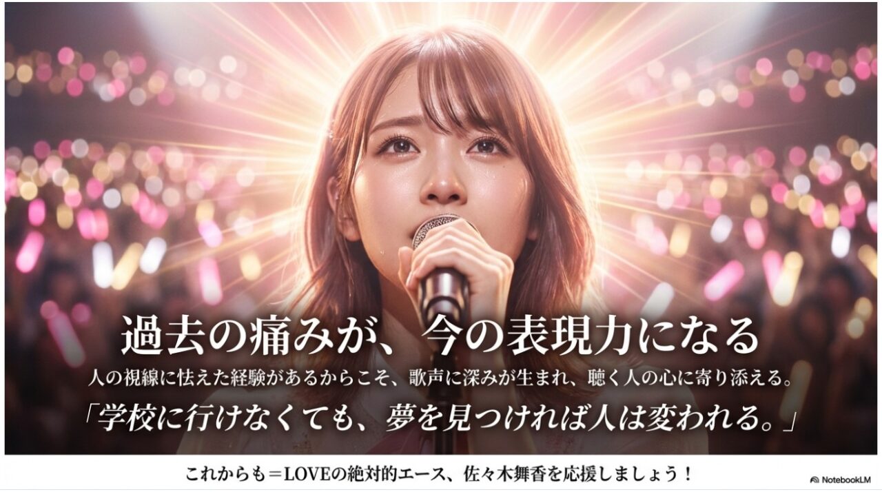 ステージで感情を込めて歌う佐々木舞香。「過去の痛みが、今の表現力になる」というメッセージと、学校に行けなくても人は変われるという応援の言葉