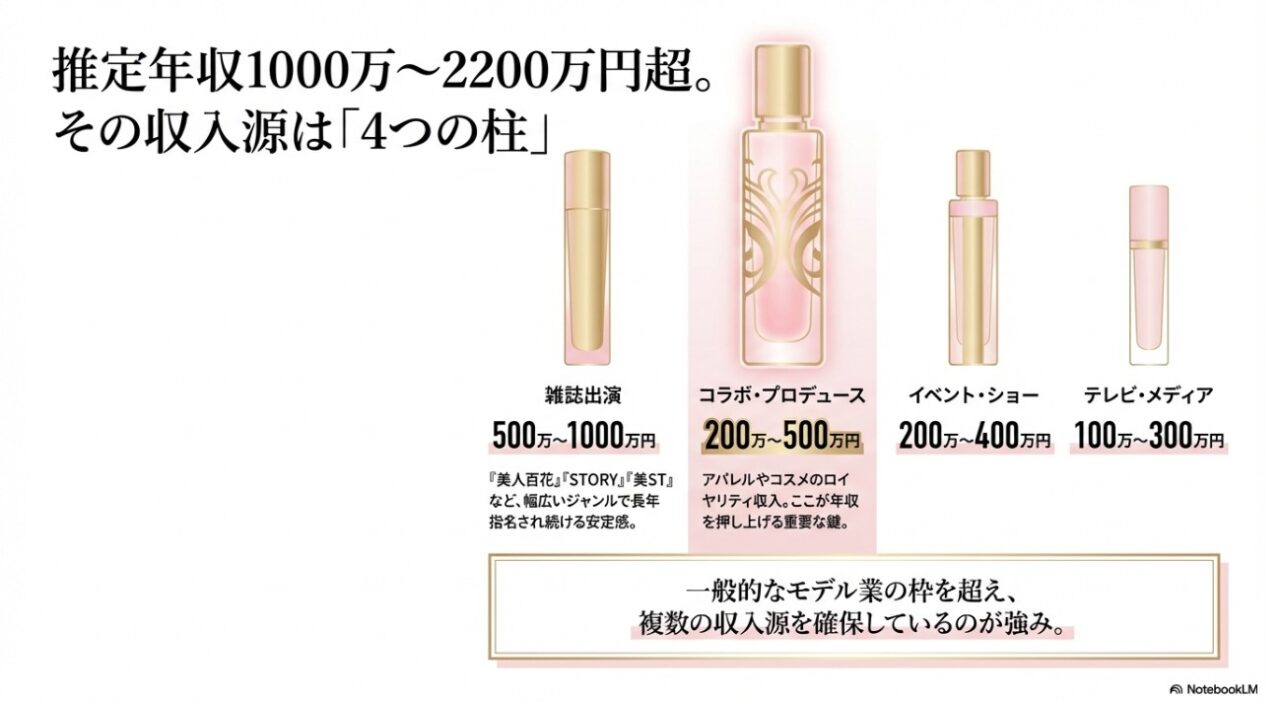 モデル美香の年収内訳図解:雑誌、コラボ、イベント、テレビ出演の4つの収入源と推定金額