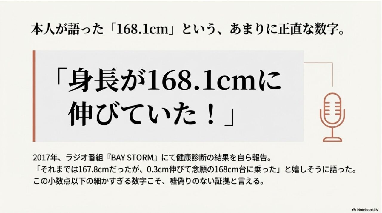 ラジオ番組『BAY STORM』にて健康診断の結果(身長168.1cm)を報告する二宮和也