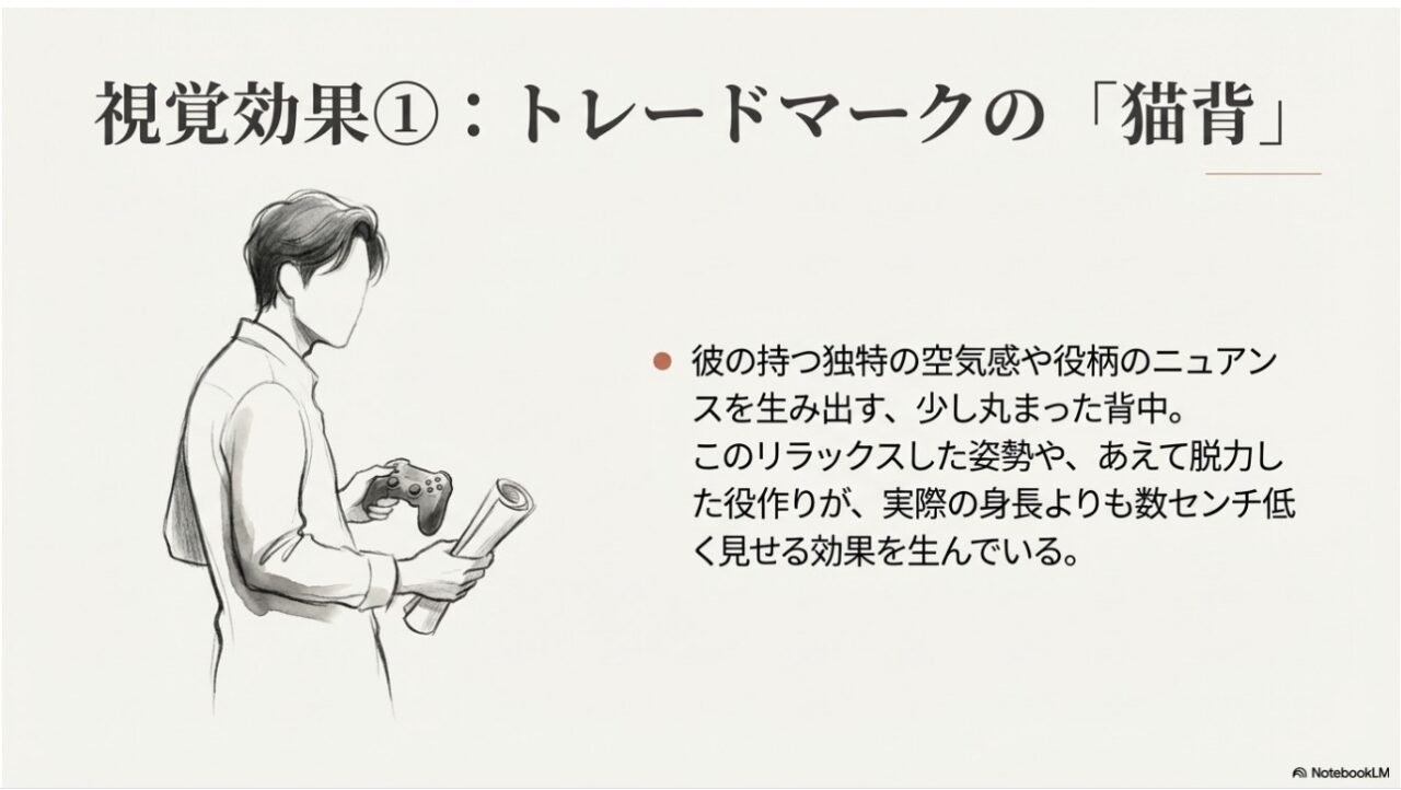 視覚効果①:二宮和也のトレードマーク「猫背」が与える印象