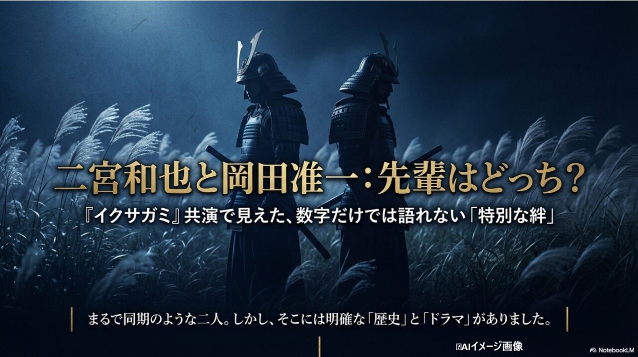 Netflixドラマ「イクサガミ」で共演する二宮和也と岡田准一の先輩後輩関係を表すサムライのイメージ画像