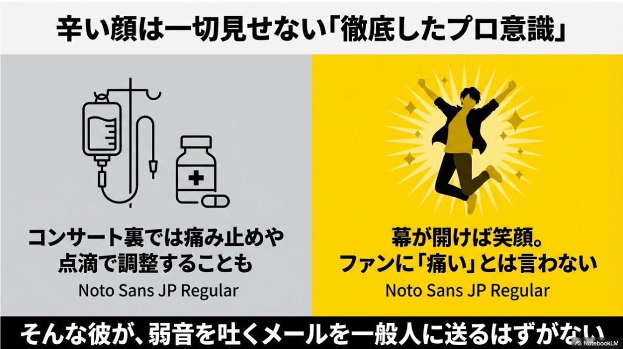 コンサート裏での治療とステージ上の笑顔の対比に見る二宮和也のプロ意識