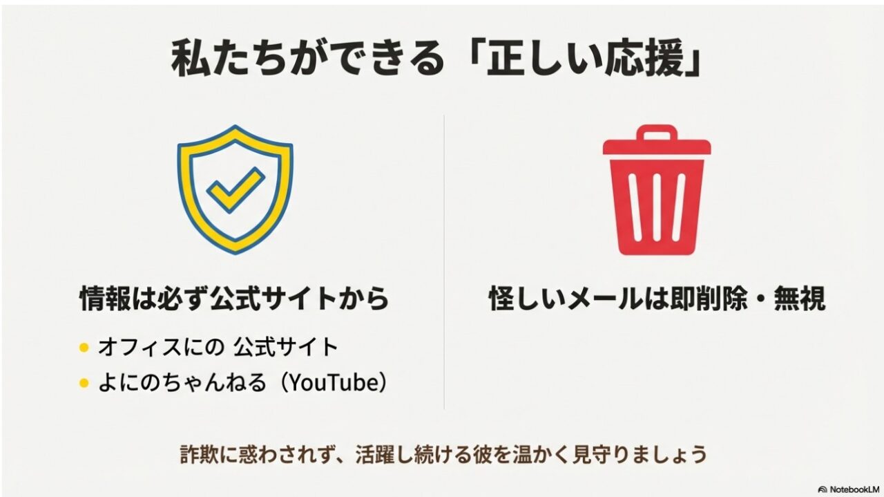 怪しいメールは無視して公式サイトや動画で二宮和也を応援しようというイラスト