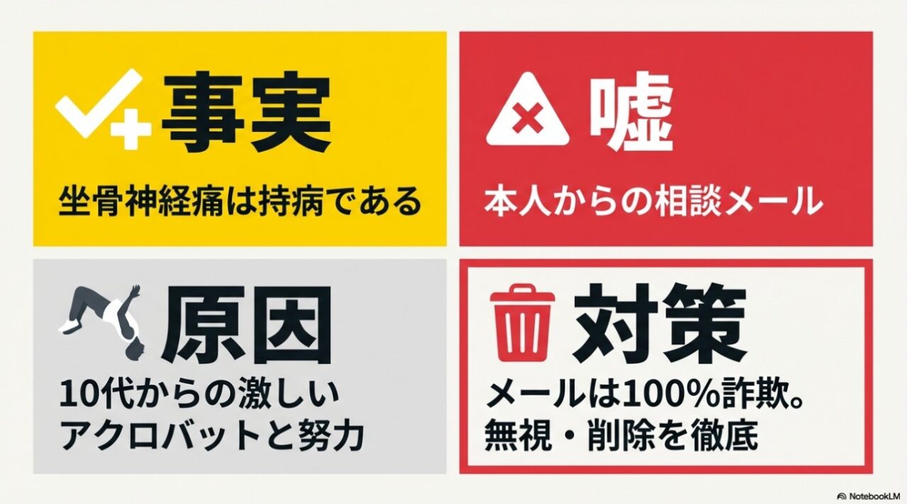 二宮和也の坐骨神経痛は事実だが本人からの相談メールは嘘であるという比較図