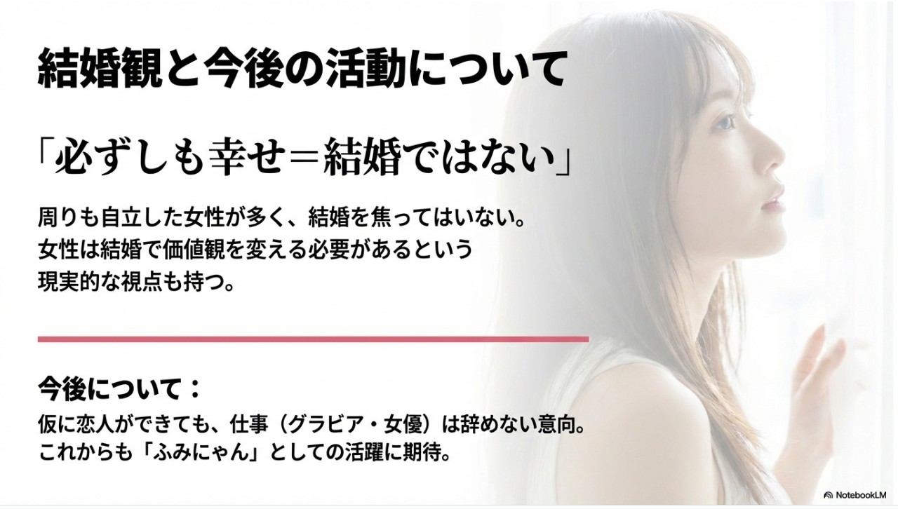 鈴木ふみ奈の結婚観と今後の活動について。「必ずしも幸せ=結婚ではない」という価値観と、仕事を辞めない意向を解説
