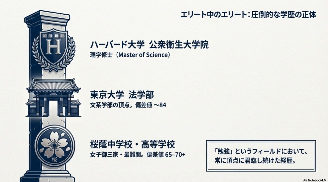 豊田真由子の圧倒的な学歴：桜蔭中学校・高校（偏差値65-70+）、東京大学法学部（偏差値84）、ハーバード大学公衆衛生大学院