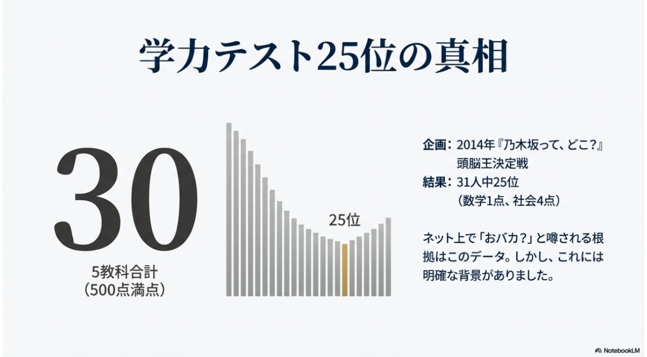 乃木坂46時代の学力テストで31人中25位（30点）だった白石麻衣さんの結果データ。