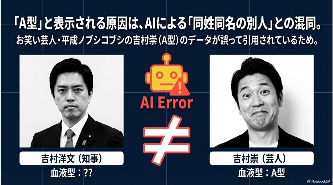 AIによる吉村洋文と平成ノブシコブシ吉村崇の血液型情報の混同