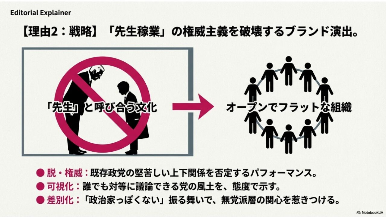 先生と呼び合う権威主義を否定しオープンでフラットな組織を示すれいわ新選組の戦略