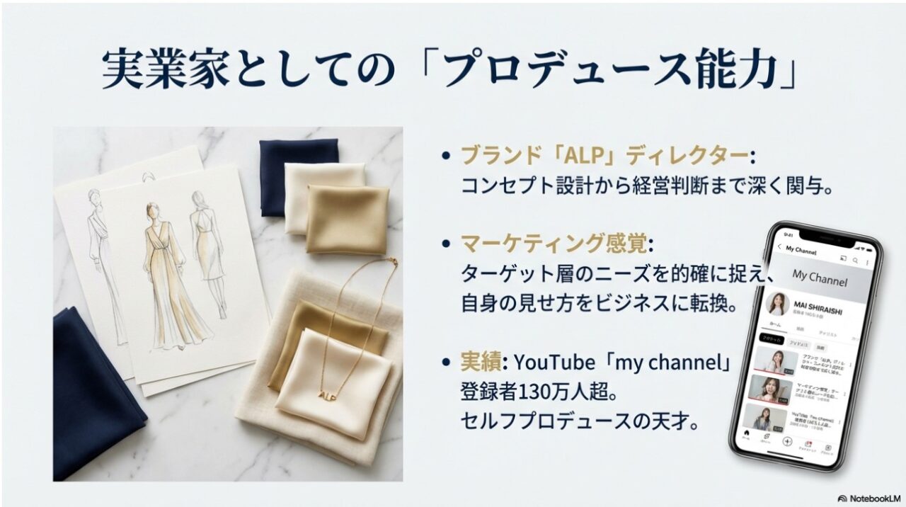 実業家としての白石麻衣さんのプロデュース能力。ブランドALPの運営とYouTube登録者130万人超の実績。