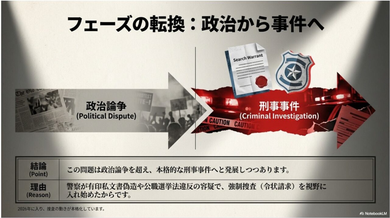 政治的論争から警察の強制捜査を視野に入れた刑事事件への転換を示す図