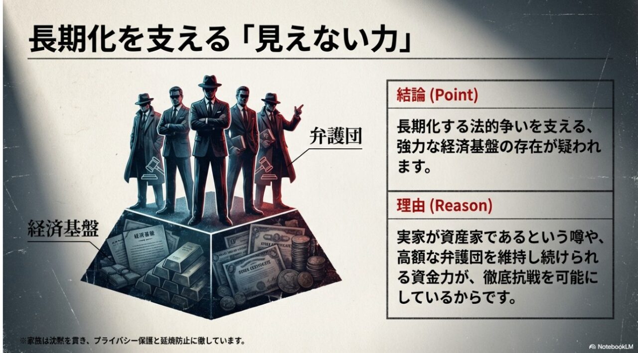 強力な弁護団を維持する経済的基盤と実家の資産家説のイメージ図