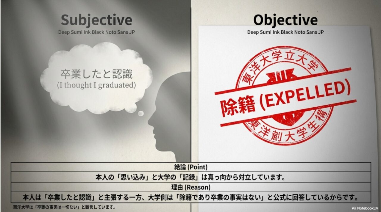 本人の卒業したという認識と東洋大学の除籍記録の対比図