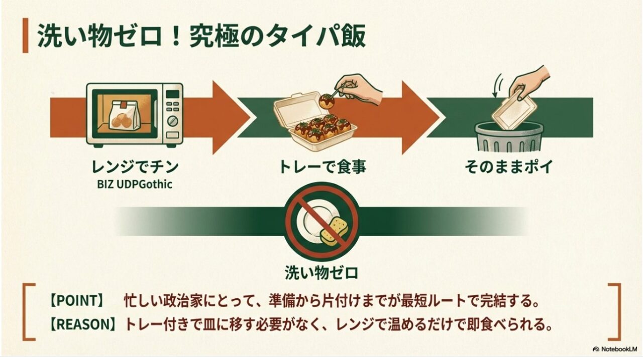冷凍たこ焼きの準備から片付けまでの洗い物ゼロ工程を示すフローチャート