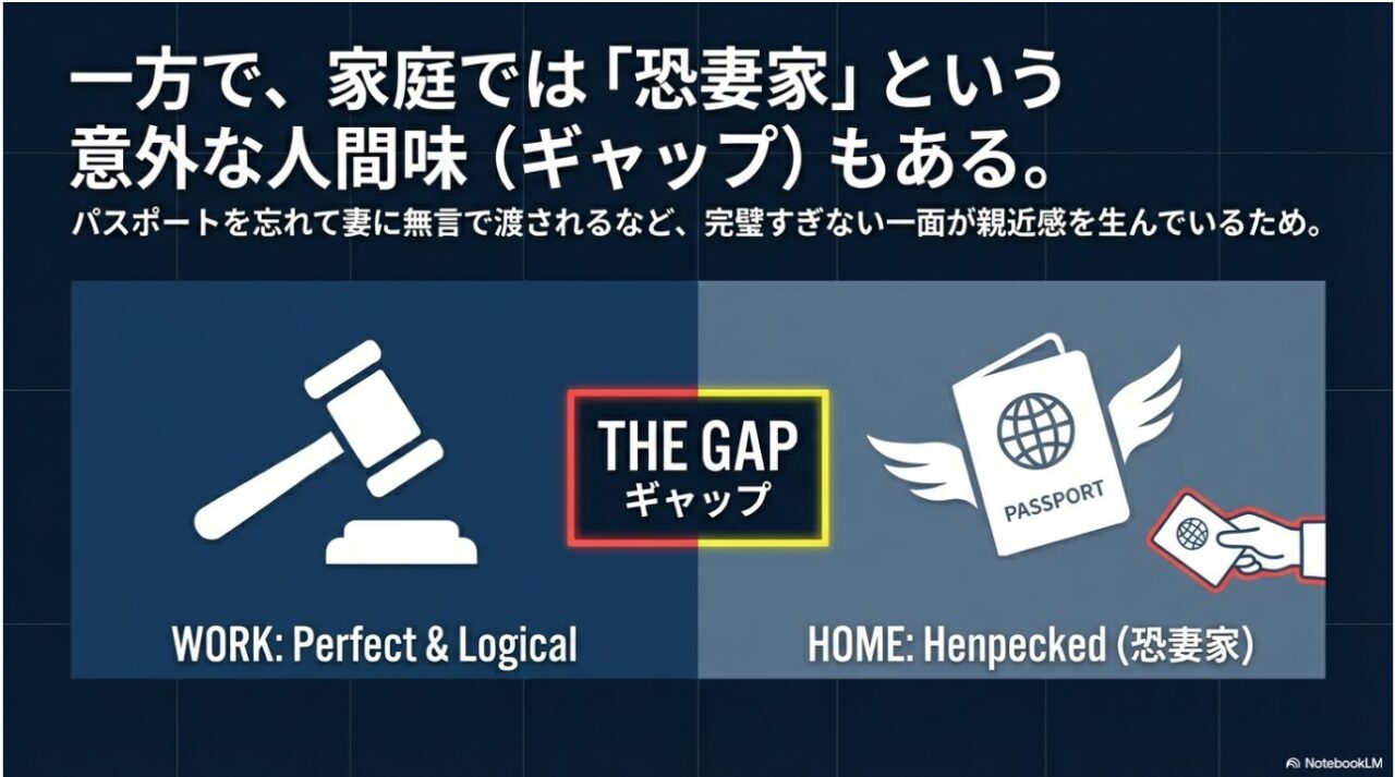 仕事での論理的な姿と家庭での恐妻家の一面とのギャップ