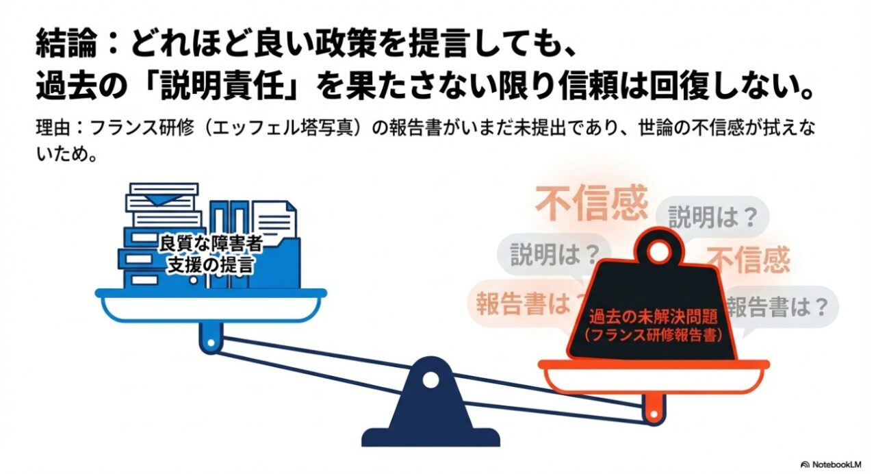 良質な障害者支援の提言と過去の未解決問題への不信感を比較する天秤の図