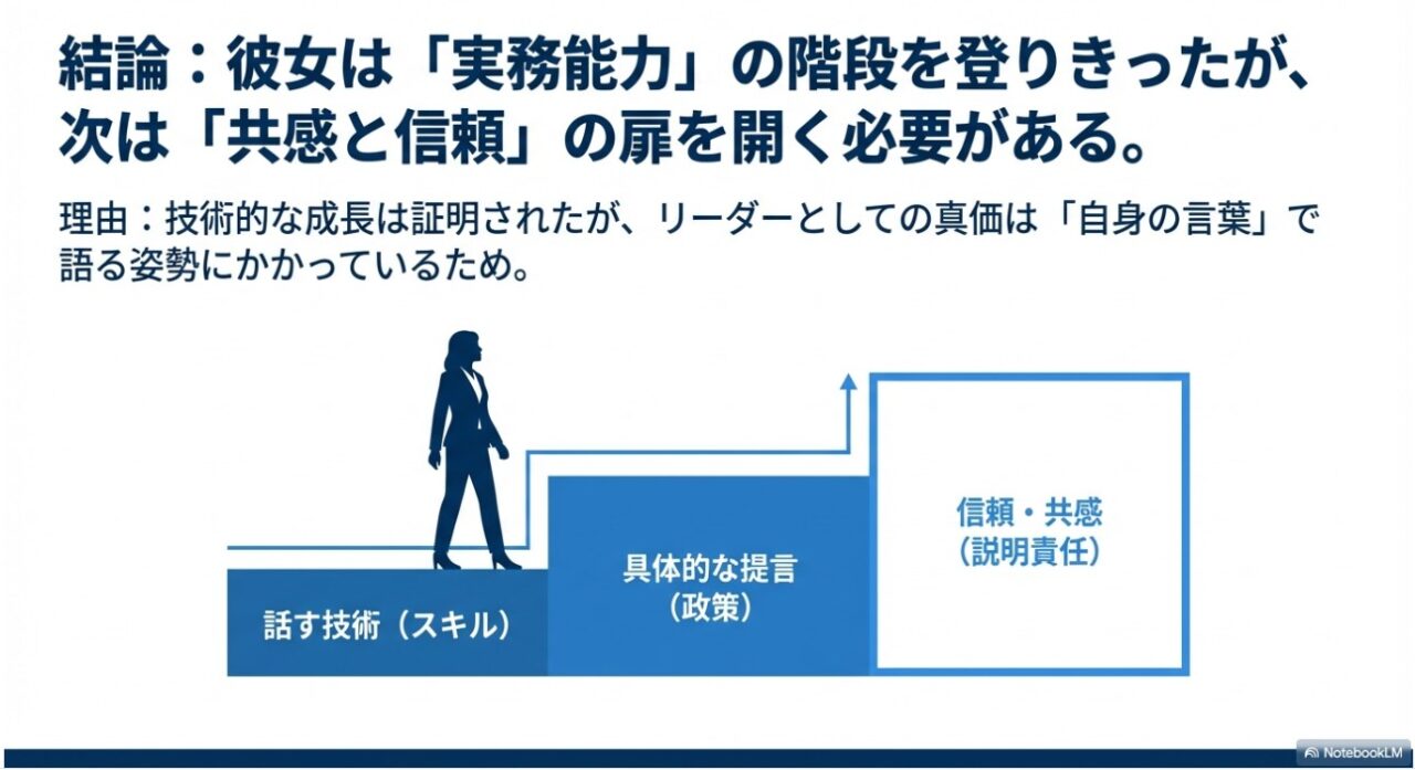 政治家としての成長段階を示す階段図。技術・提言から信頼と共感へ向かうイメージ