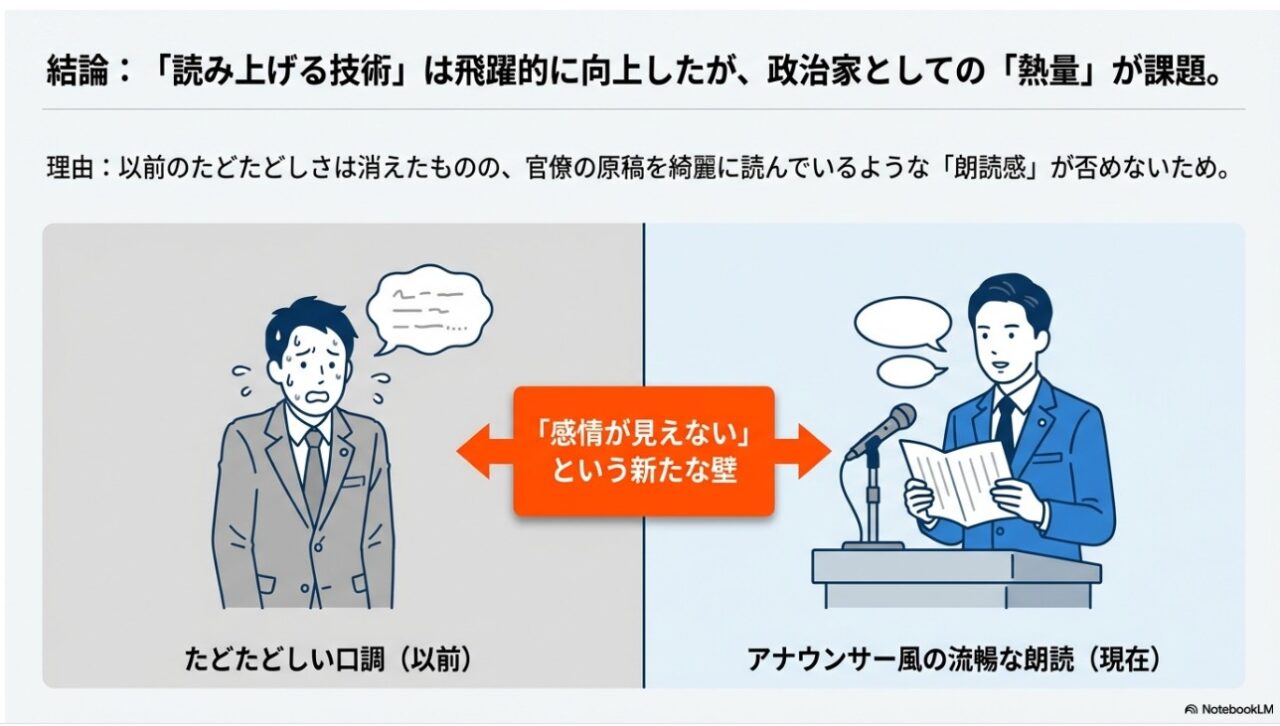 今井絵理子議員の話し方の変化。たどたどしい口調からアナウンサー風の朗読への対比図