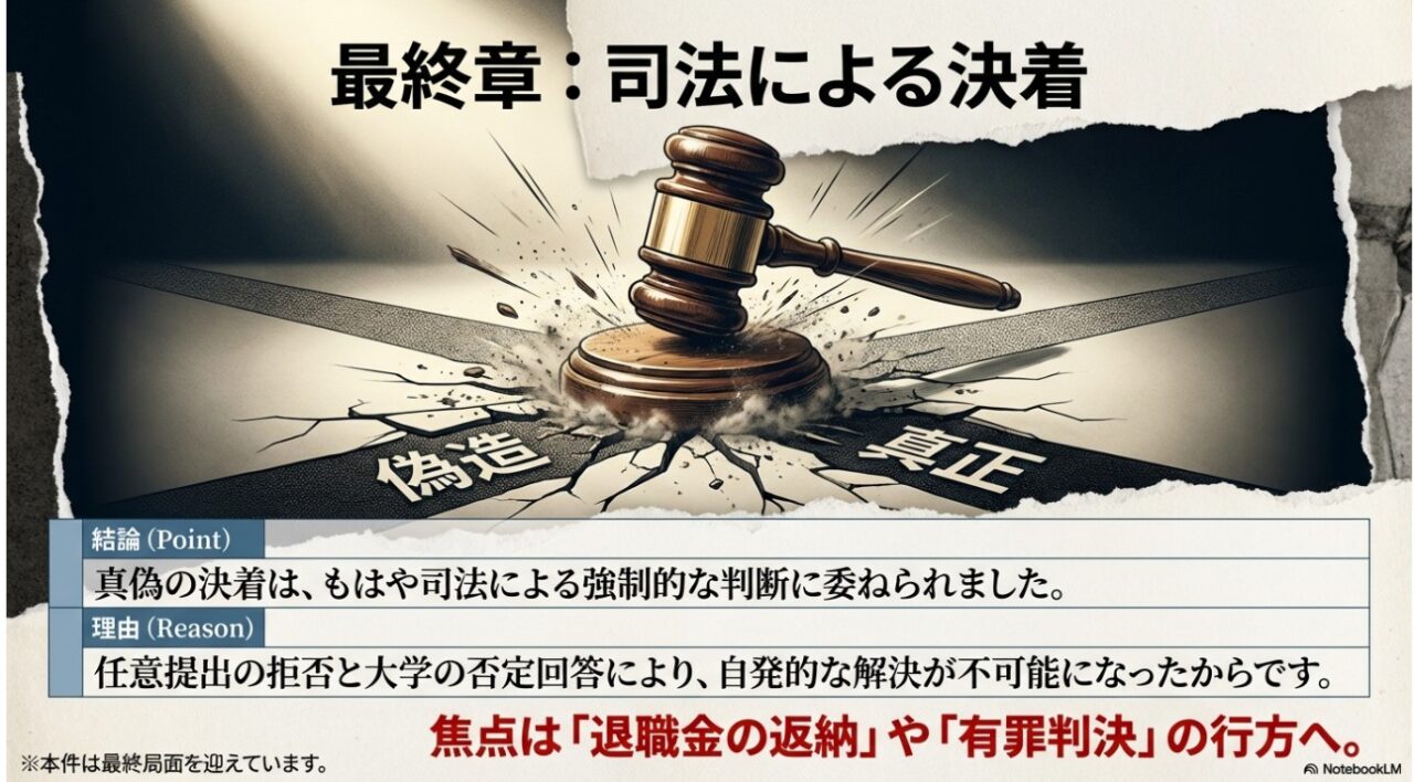 偽造か真正かの真偽を司法が判断する最終章のイメージ画像