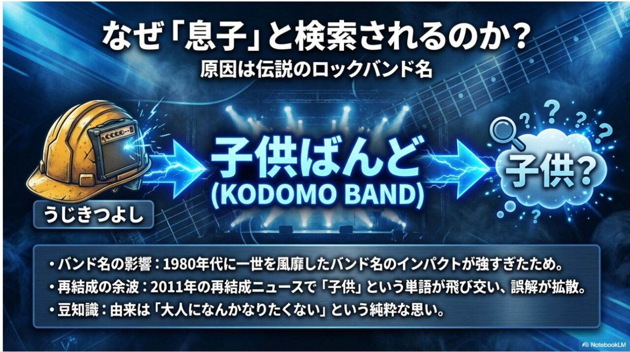 うじきつよしが「息子」と検索される原因はバンド名「子供ばんど」の影響であることを示す図