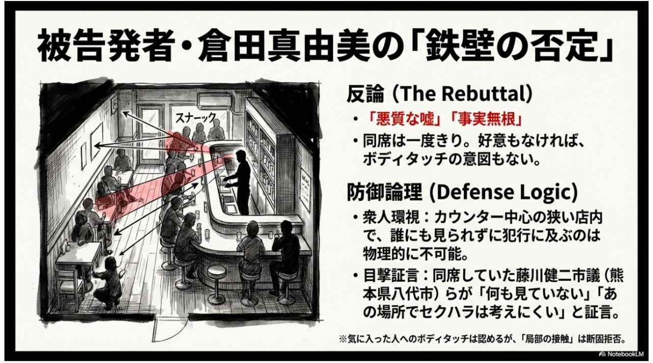 被告発者・倉田真由美さんの反論図解。スナック店内での視線と物理的に犯行不可能である根拠
