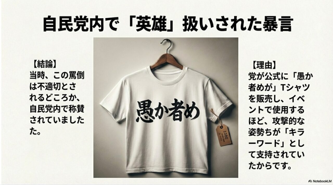 自民党が公式に販売していた愚か者めTシャツのイメージ