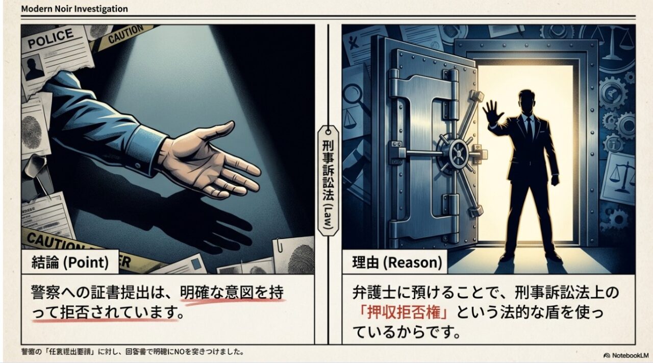 警察の任意提出要請に対し刑事訴訟法の押収拒否権を行使するイメージ図