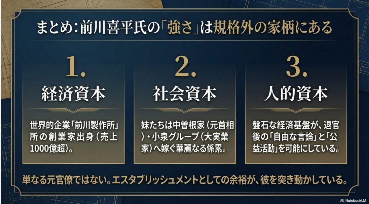 まとめ：前川喜平氏の強さは規格外の家柄にある。前川製作所の経済資本、中曽根家等の社会資本、そして本人の人的資本の3要素