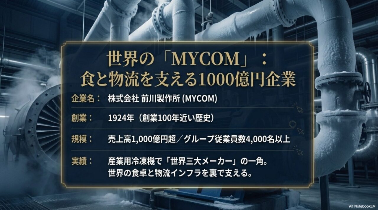 株式会社前川製作所（MYCOM）の企業概要。1924年創業、売上高1000億円超、産業用冷凍機で世界三大メーカーの一角を占める