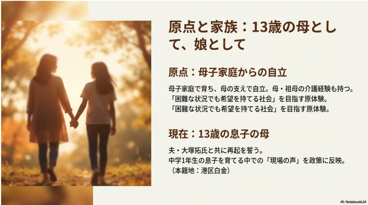 丸川珠代の原点である母子家庭での育ちと、13歳の息子を育てる母親としての横顔を紹介する画像