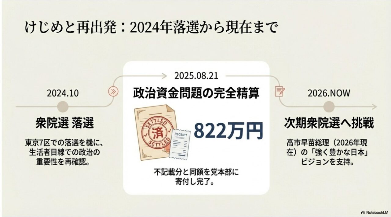 2024年衆院選落選から政治資金問題の精算、2026年の次期衆院選挑戦までの歩みを示す図解
