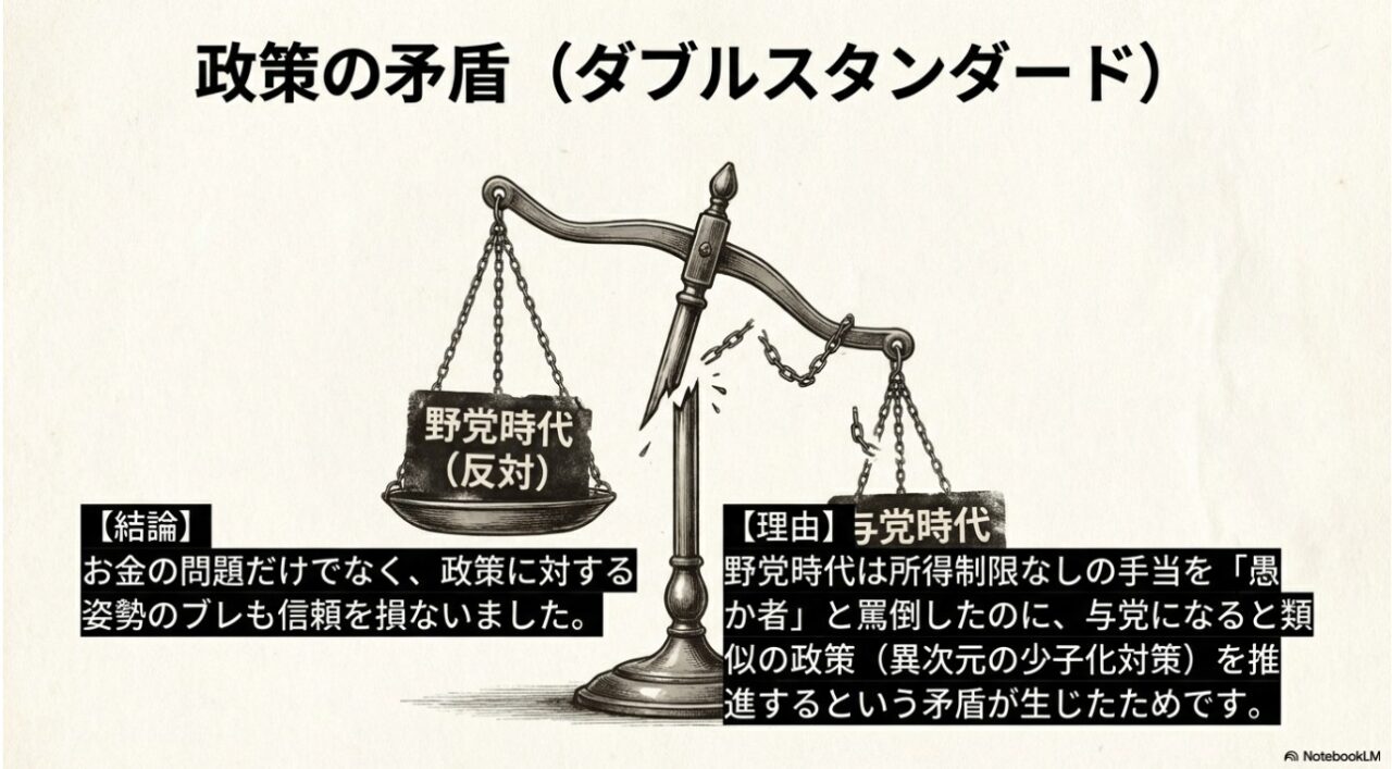 野党時代と与党時代での政策に対する矛盾した態度の天秤図