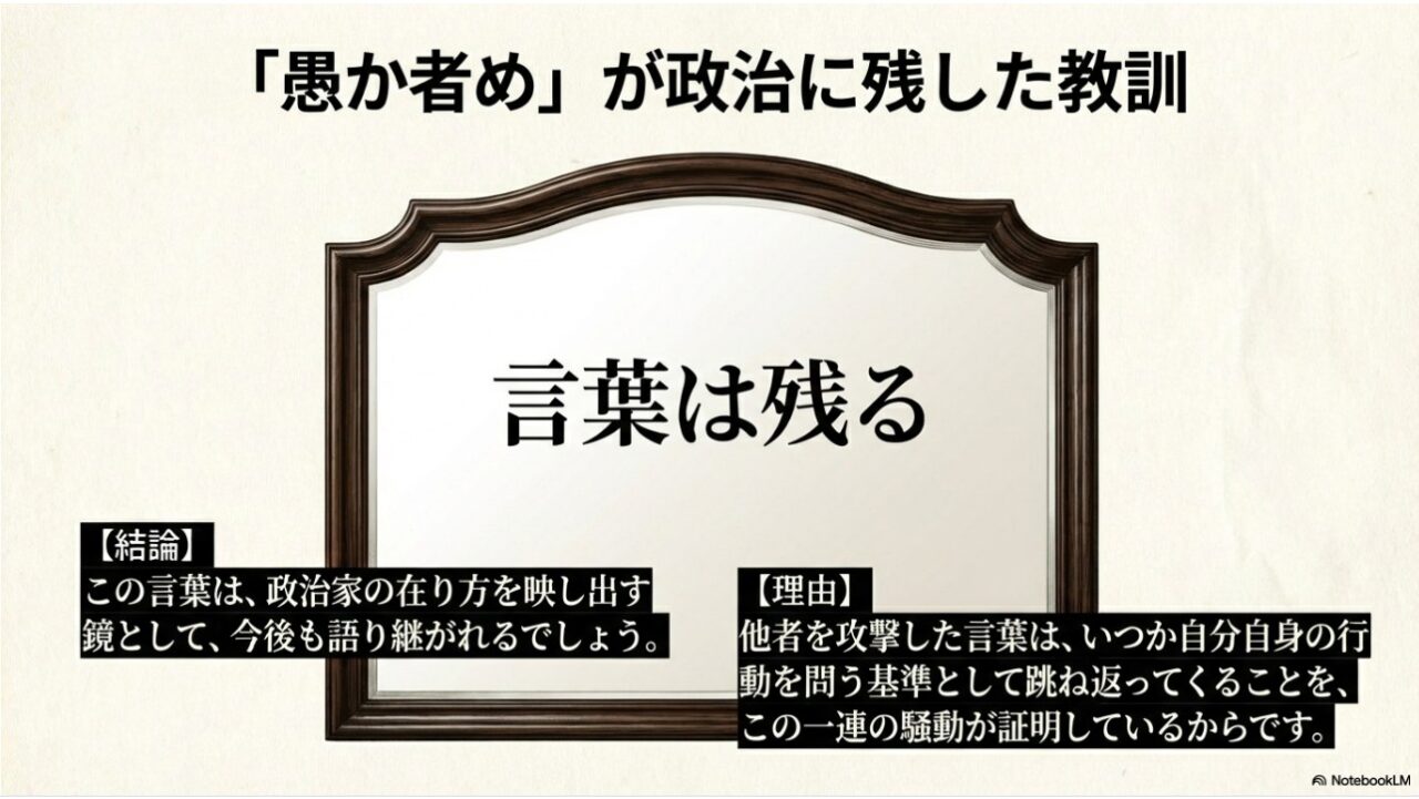 言葉は残るという教訓を示す鏡のイメージ図