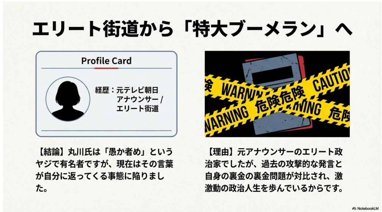 エリート街道から特大ブーメランへ転落した丸川珠代の対比図