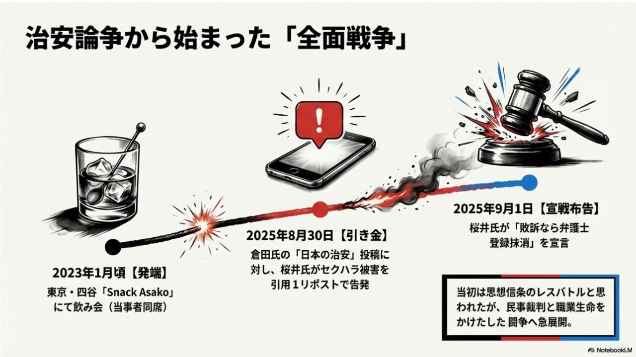 2023年の飲み会から2025年の提訴まで。治安論争から始まったセクハラ騒動の時系列イラスト