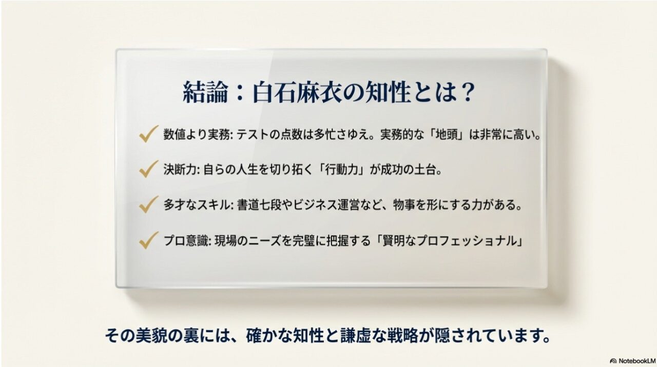 白石麻衣さんの知性に関する結論。数値より実務能力、決断力、多才なスキル、プロ意識のまとめ。