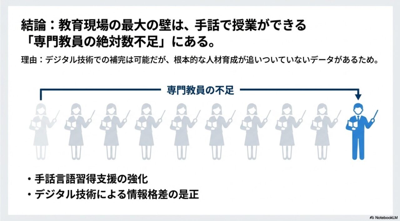 教育現場における手話ができる専門教員の絶対数不足を表現したインフォグラフィック