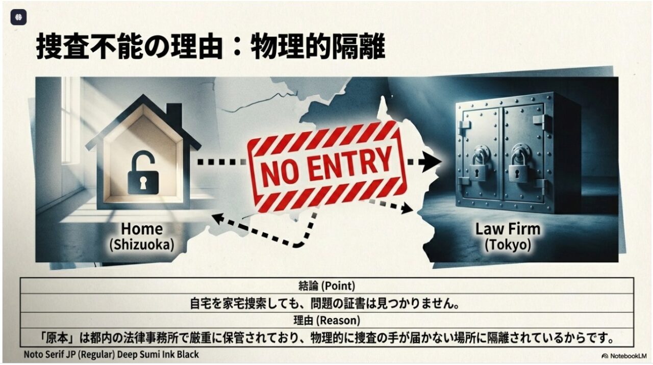 静岡の自宅と東京の法律事務所での証拠保管場所の物理的隔離を示す図