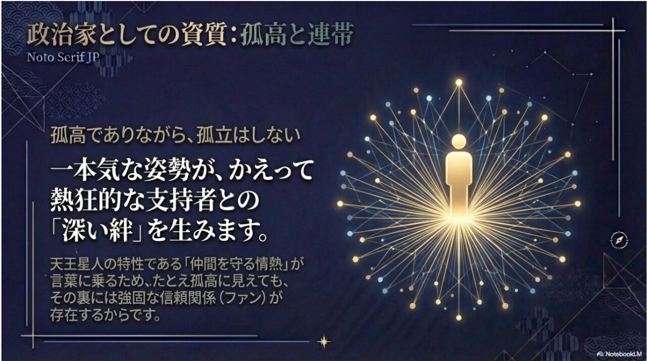 孤高でありながら支持者と深い絆で結ばれる様子を描いた図解