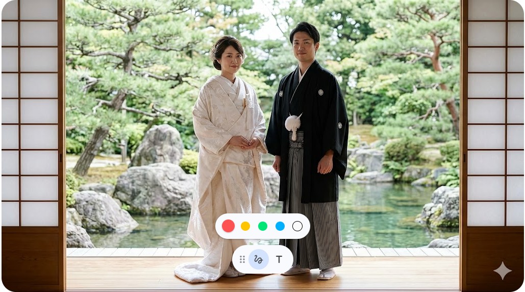 伝統的な和室で凛とした和装を纏い、寄り添って立つ日本人夫婦の結婚イメージ