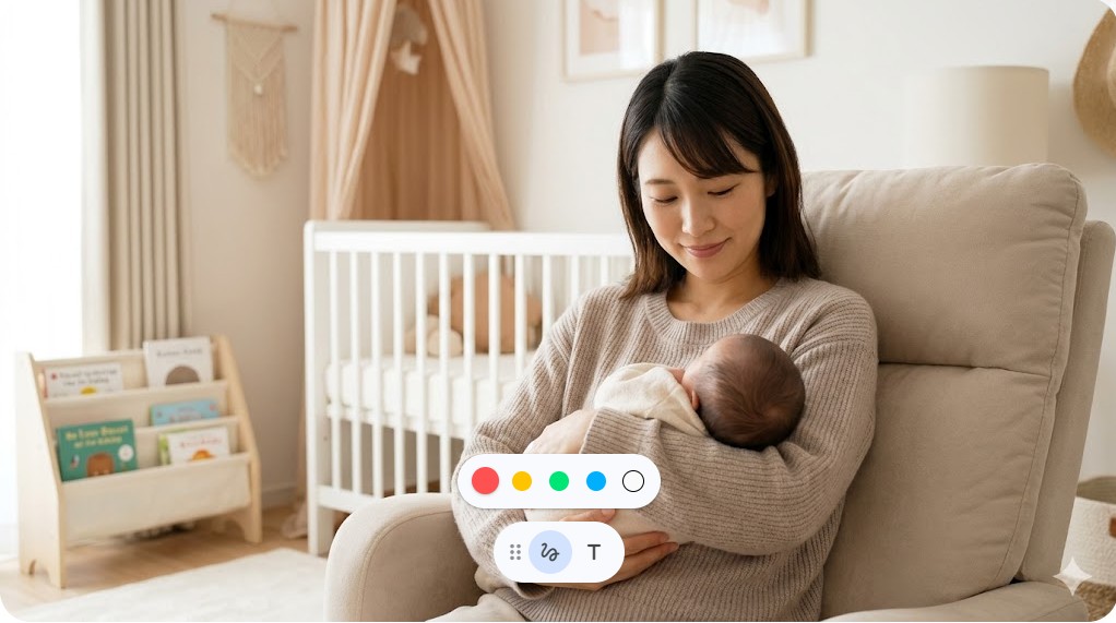 赤ちゃんの寝顔を穏やかな表情で見守る、母となった日本人女性の幸せな日常イメージ