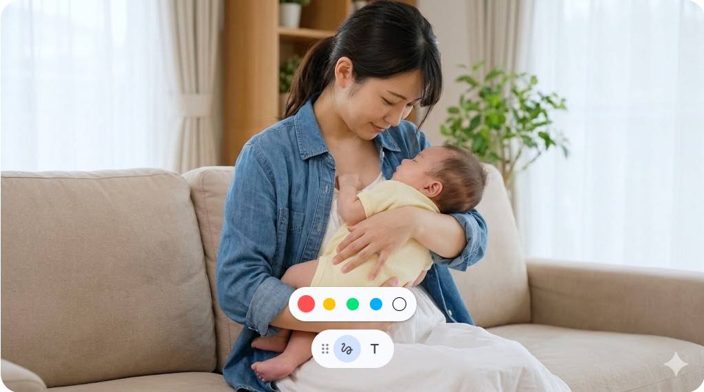 ソファに座り赤ちゃんを優しく抱っこする日本人女性