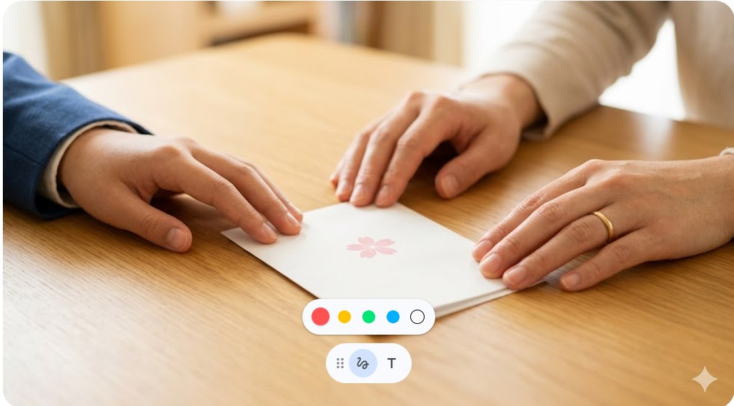 テーブルの上に置かれた白い封筒に手を伸ばす様子