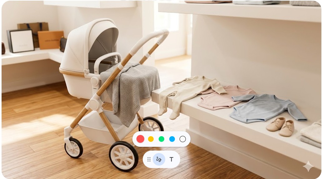 明るい陽光が差し込む高級ショップに並ぶ、白を基調とした洗練されたデザインのベビーカー