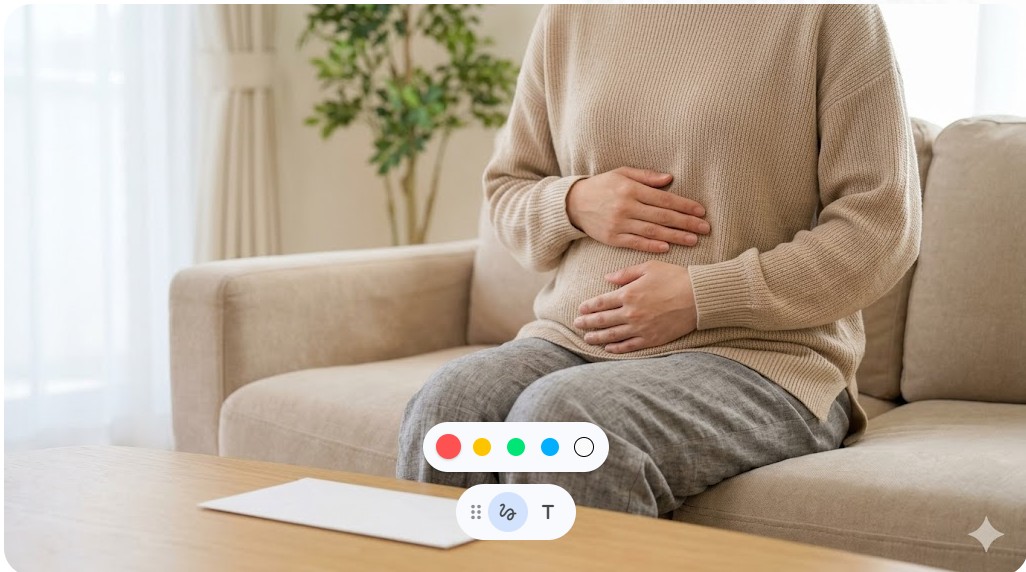 お腹を労わるように手を当てて座る妊娠中の女性