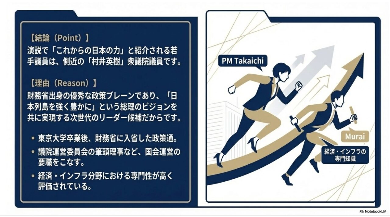 高市総理と村井英樹氏が共に走るイラストと経済・インフラの専門知識の解説